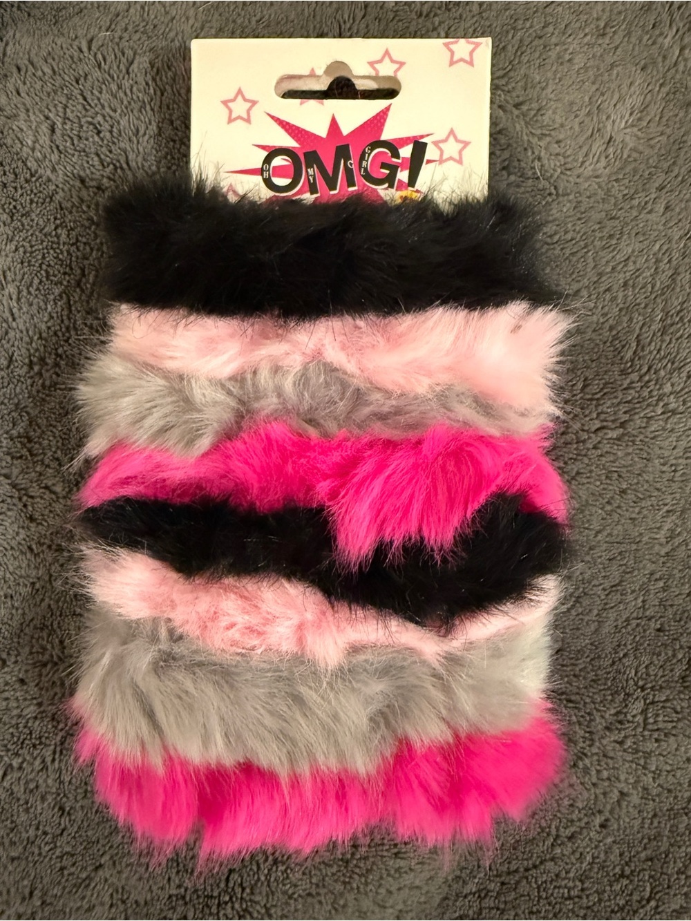 OMG! Fuzzy Multicolor hair scrunchies— Pink, Gray & Black, 8 pack